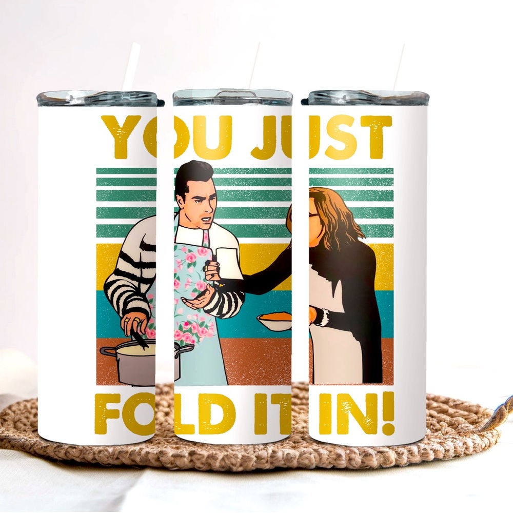 Schitts creek inspired tumbler with lid and straw.  Just fold it in.